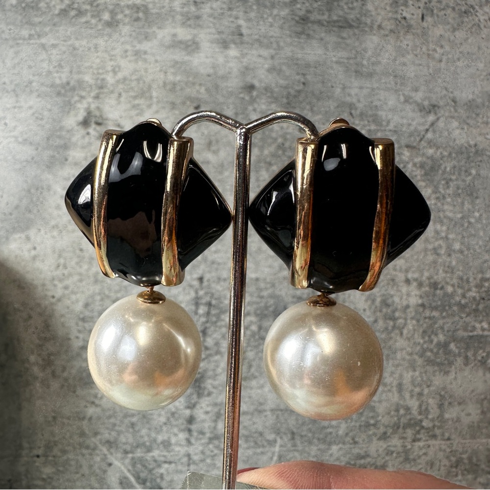Large Vintage 80’s Clip On Earrings Black and Gold Squares with Dangle Pearls